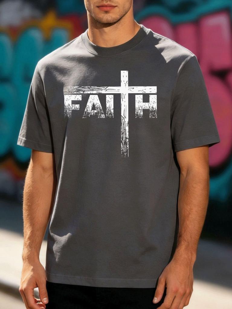 Unisexs Distressed Faith Cross Christian Letter Graphic White Crew Loose Short Sleeve Soft Cotton Summer Street Daily Casual Top