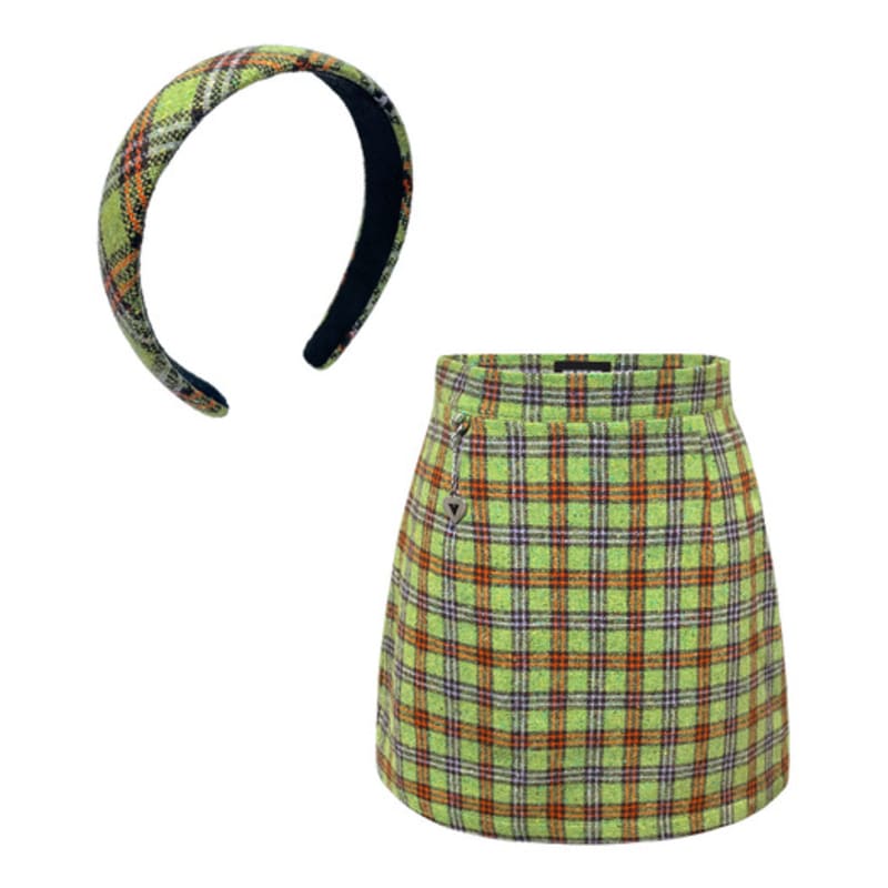 

VVV [Set] Green High Teen Cozy Check Mini Skirt + Hairband GREEN