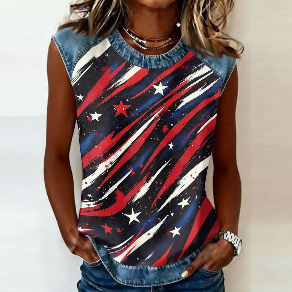 Women Sleeveless Pullover Tank Top Casual Round Neck Blouse Independence Day Print Shirt with Star Pattern and Abstract Design