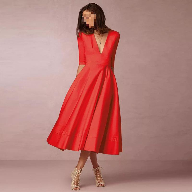 Popular Deep Mid-sleeved High-end Dress Medium and Long Dress New Autumn and Winter Sexy
