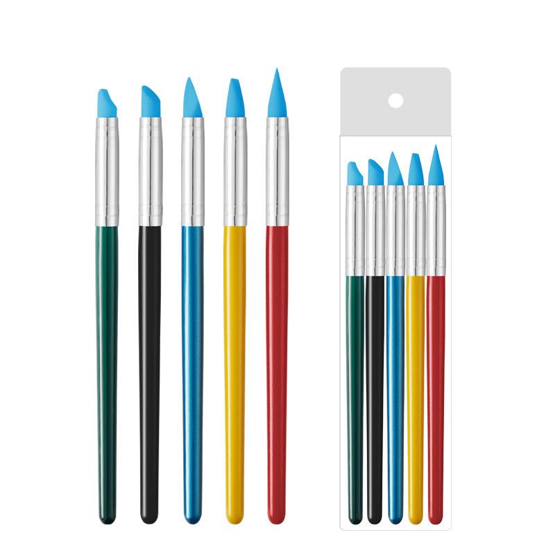 5-Piece Wood Handle Nail Art Silicone Pen Set - Multi-functional Carving & Color Mixing Tool.