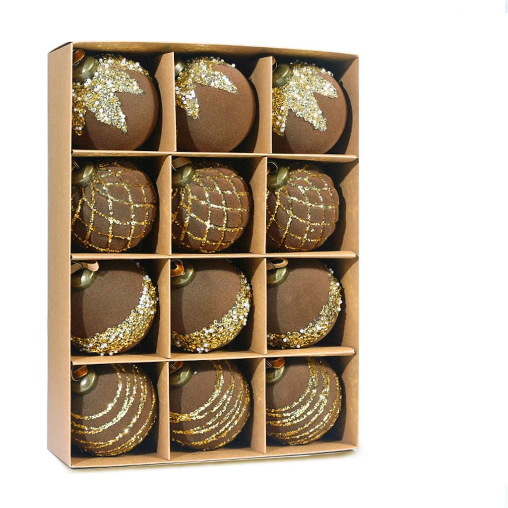 Painted Plastic Christmas Tree Decorative Hanging Ornaments, 8cm 12pcs Flocked Christmas Ball Set