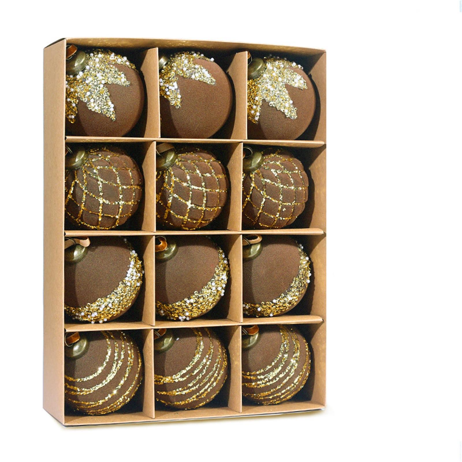 

Расписные пластиковые елочные декоративные подвесные украшения, 8 см 12 шт. Набор флокированных елочных шаров One Size коричневый