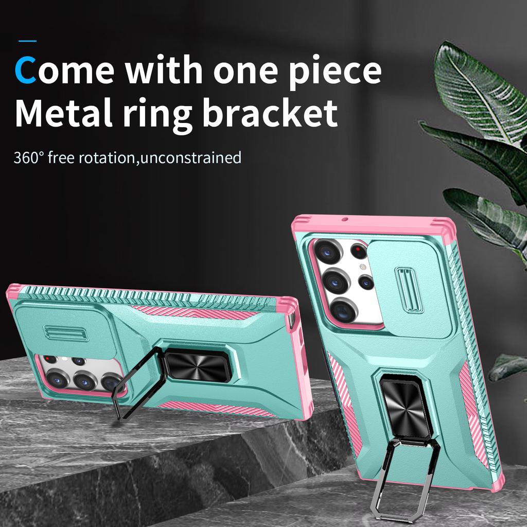 For Samsung Galaxy S23 Ultra Case Slide Lens Lid PC+TPU Phone Cover Kickstand Shell