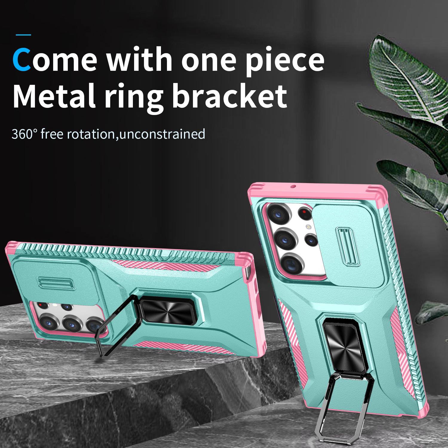 

For Samsung Galaxy S23 Ultra Case Slide Lens Lid PC+TPU Phone Cover Kickstand Shell Cyan/Pink