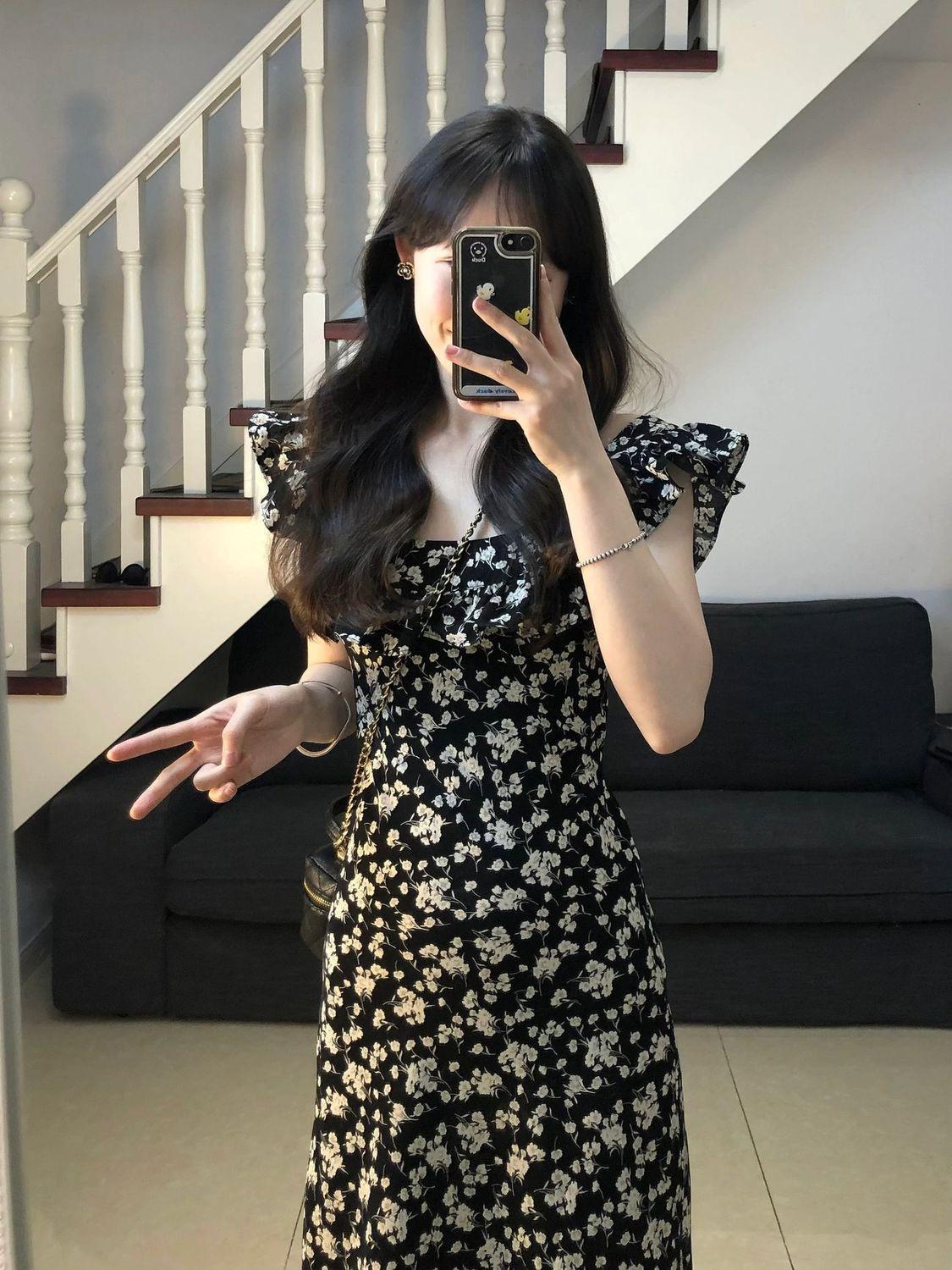 Summer 2026 French Hepburn Style Black Floral Print Flutter Sleeve Maxi Dress for Women Large