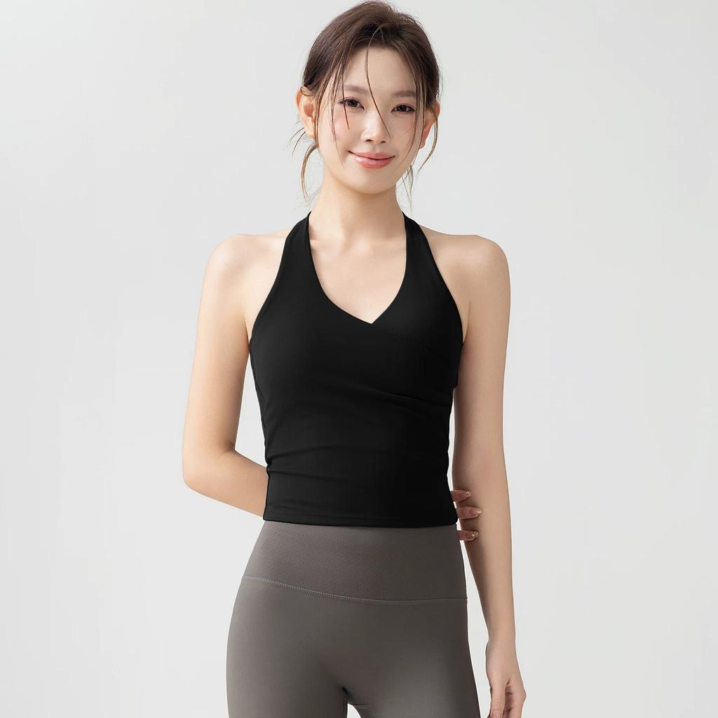 V-Neck Halter Sports Tank Top for Women with Chest Pads, Backless, Slimming Fitness Bra for Running, Pilates, Yoga, Beautiful Back, Summer