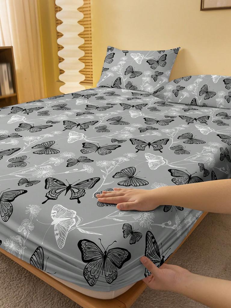 Black And White Butterfly Pattern Printed Fitted Sheet 3PCS Flat Sheet Set Minimalist Style Botanical Line Art Design Room Decor