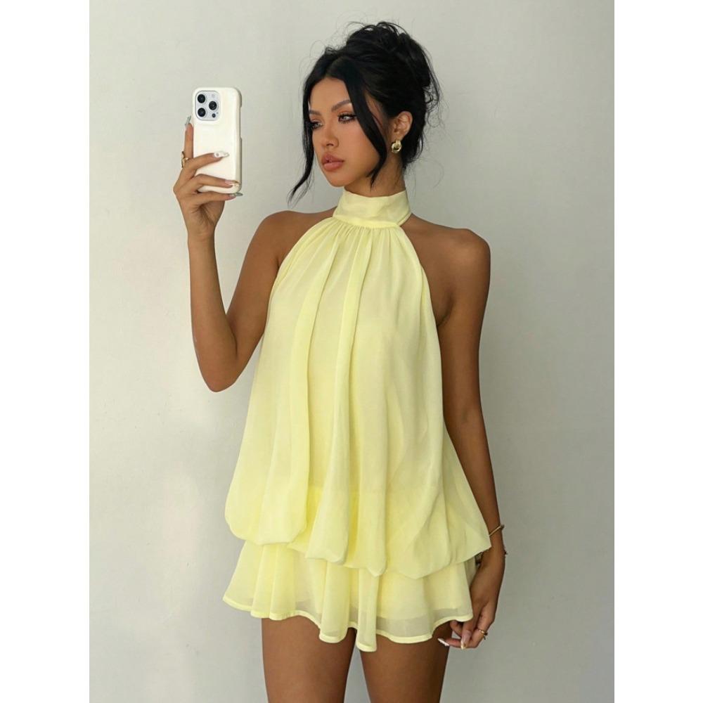 Vestido Corto de Mujer a la Moda y Elegante, Ajustado al Cuerpo, sin Espalda y con Cuello Halter para Cintura Delgada