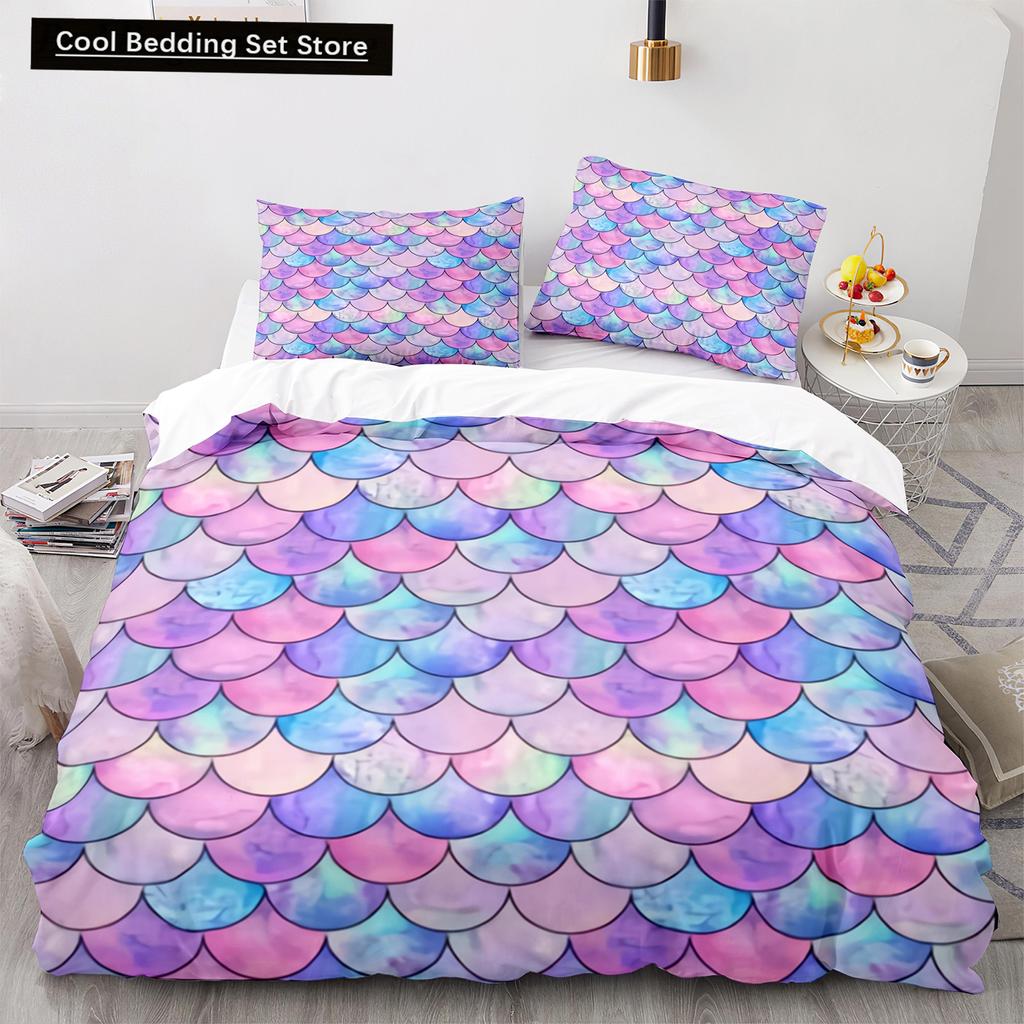 Mermaid Tail Duvet Cover King Queen Size Kids Fish Scales Bedding Set Girly Ocean Animal Princess 2/3pcs Polyester Quilt Cover