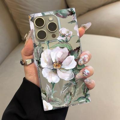 Clear Square Back Tube Case Protection For iPhone 16 ProMax 14 Pro Max 12 13 15 Plus 11 Anti-Oxygen,Peony Pattern Casing