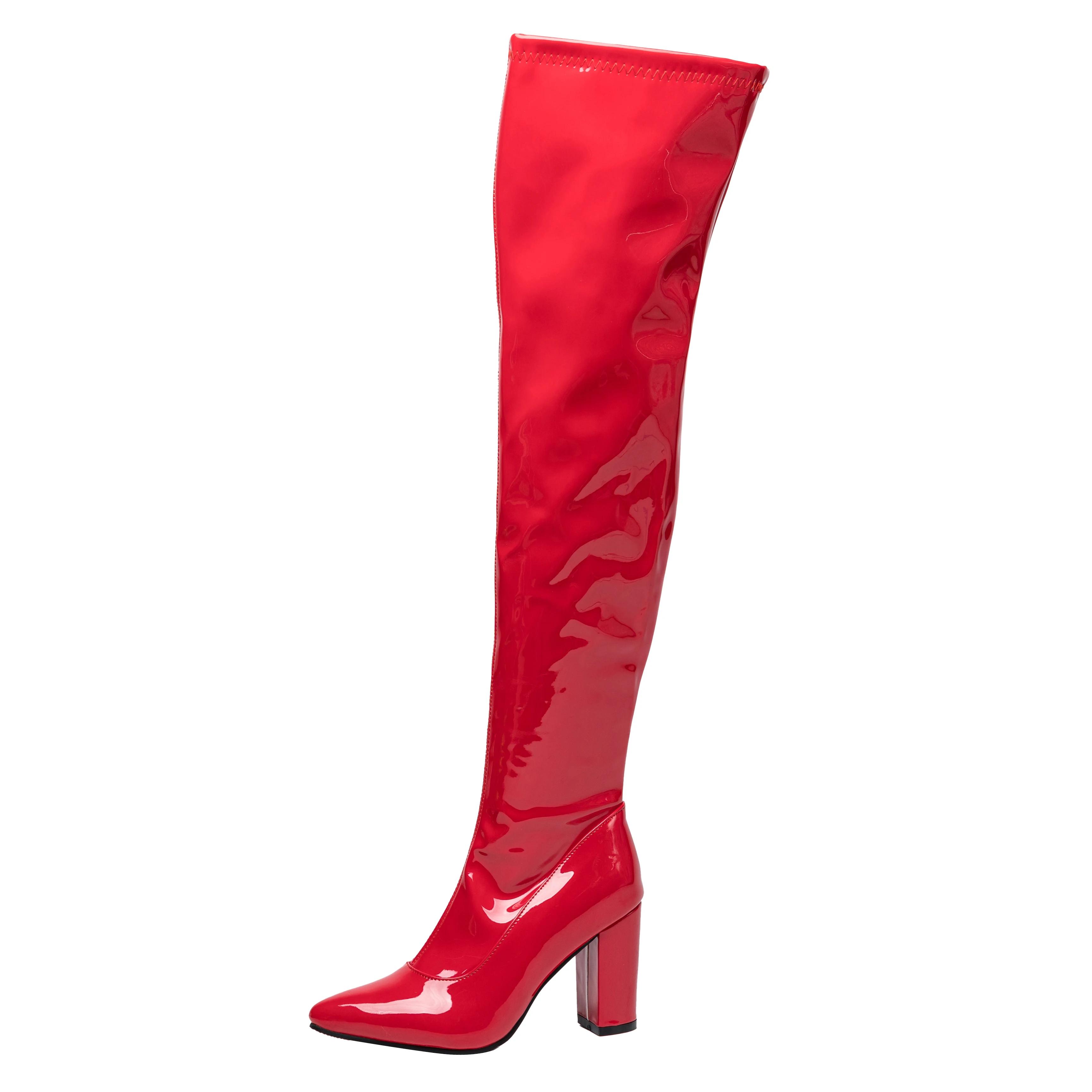 

Сексуальные красные лаковые ботфорты выше колена женские на массивном каблуке черные белые для вечеринки танцев клуба женские зимние на молнии ботфорты до бедра 44