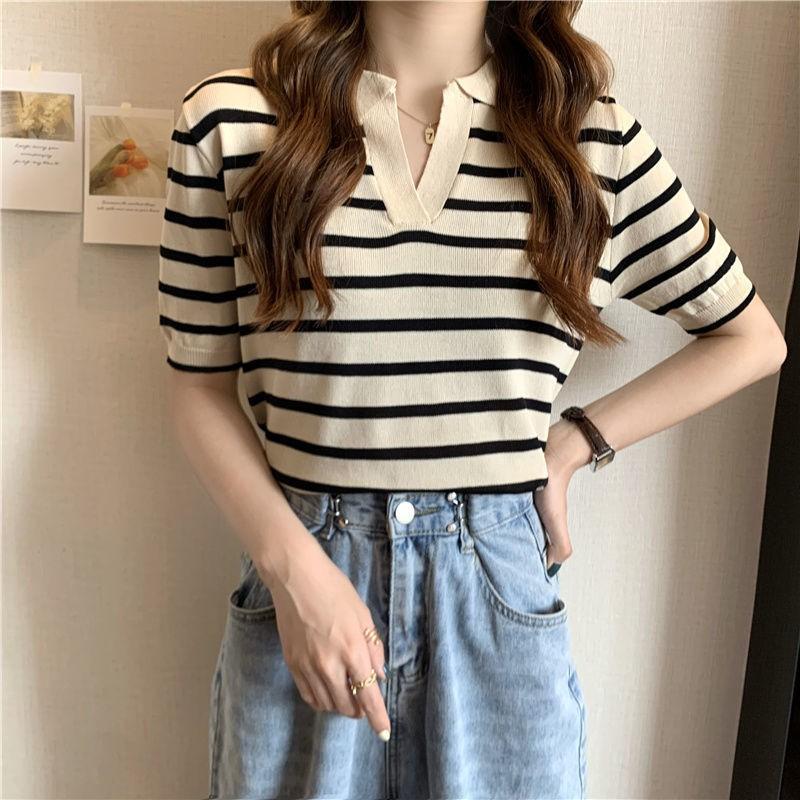 Womens Striped Knit Top With Contrast Collar Slim Fit Short Sleeve Tee
