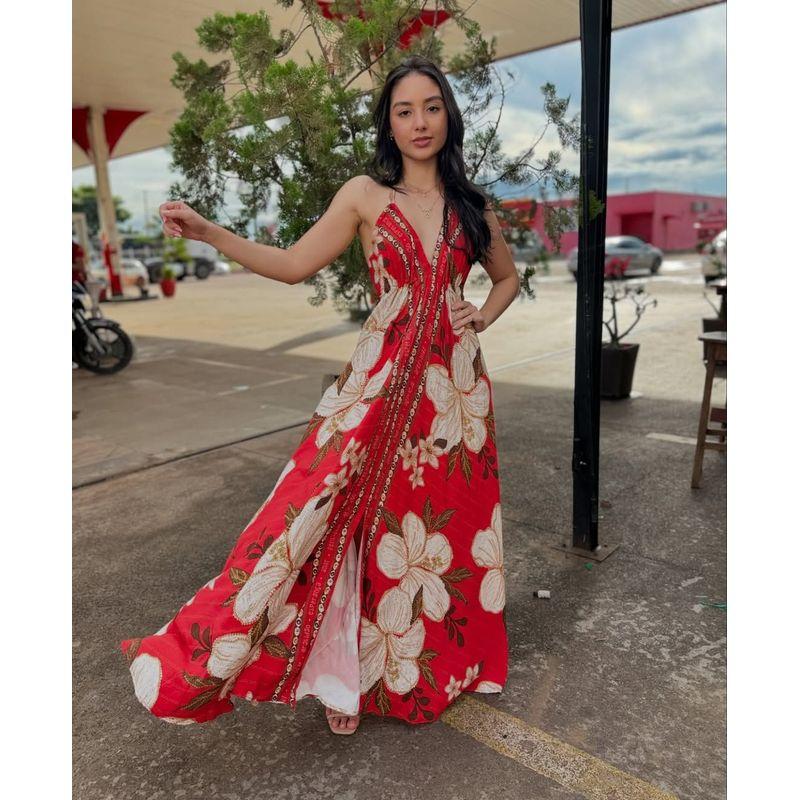 

2025 New Spring Summer off-the-Shoulder V-neck Women clothes Sling Print Fairy Long Temperament Formal Dress Big Hemline Dress Big Red Flower L