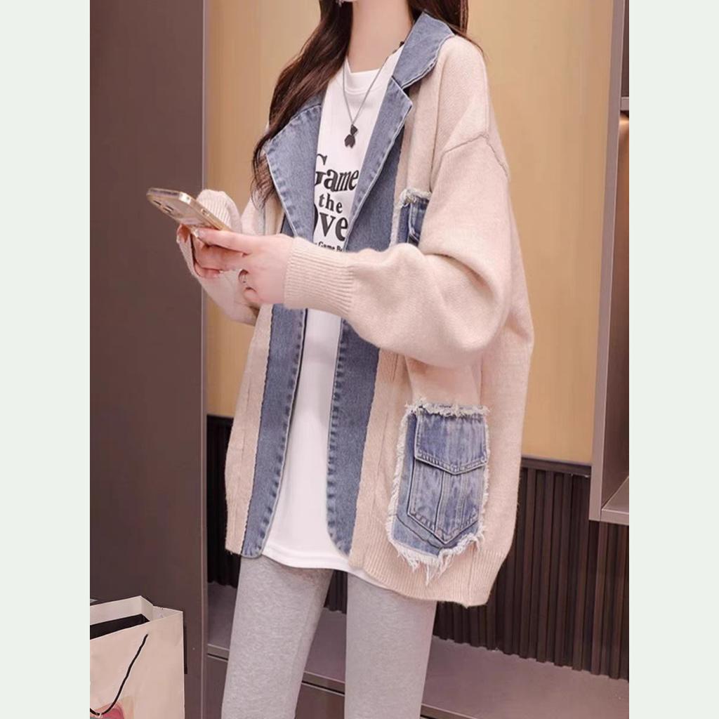 Denim Jackets Women Lapel Spliced Knitted Open Stitch Full Sleeve Outwear