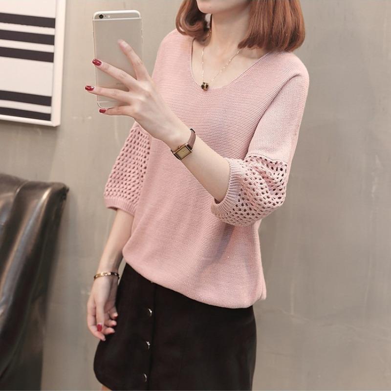 Knit Short Sleeve Top Women Mesh Lace Thin Student Spring Autumn Shirt Loose Mid Sleeve Cover Up