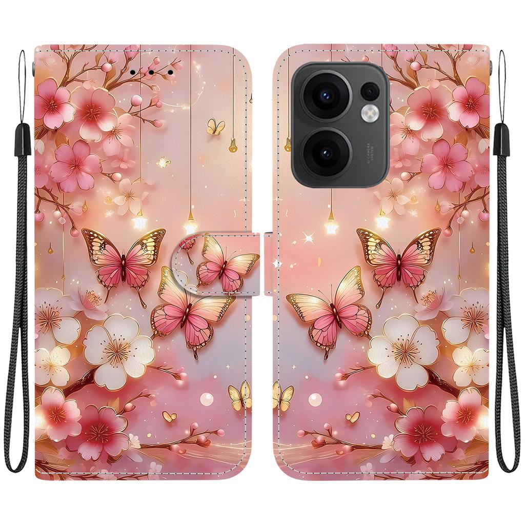 Handmade PU Leather Flip Case for Oppo Reno13 F/Reno13 F 4G Anti-Slip Shockproof Cover with Wrist Strap & Heart/Rose Cat Designs
