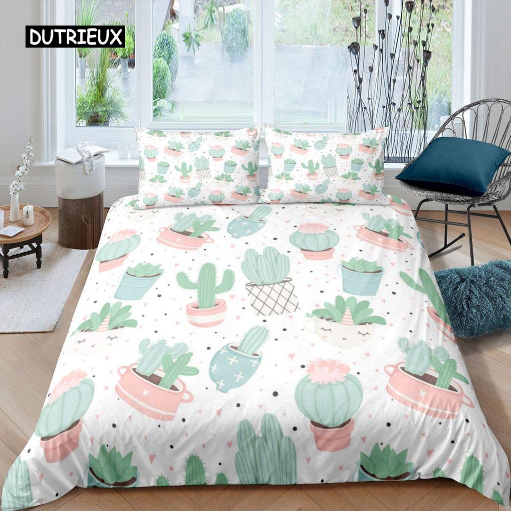 Sukkulenten Bettbezug Set Grüne Pflanze Tropisches Botanisches Bettwäsche Set Aquarellmalerei Stilvolles Naturthema Twin Quilt Cover