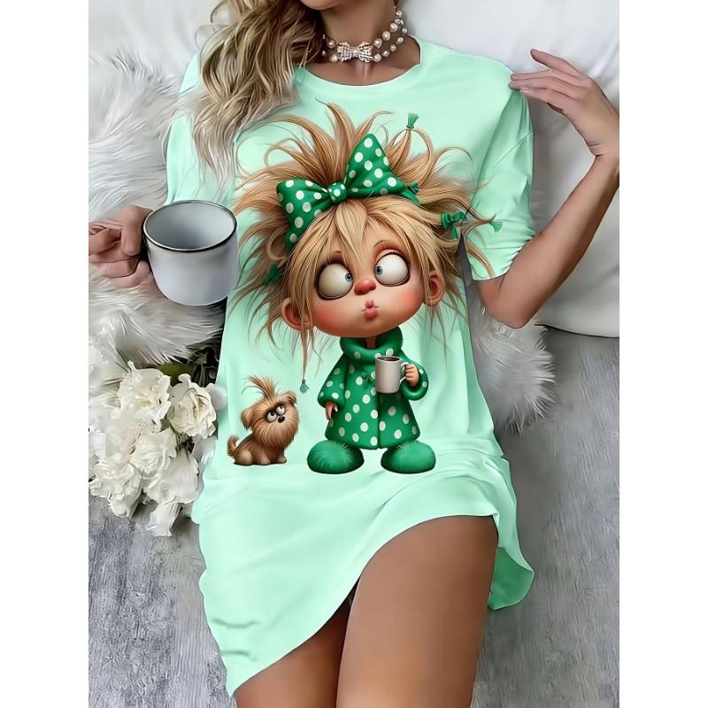 Damen Polka Dot Skurriles Schmollendes Süßes Mit Welpenprint Lässiges Haus Rundhals T-Shirt Kleid