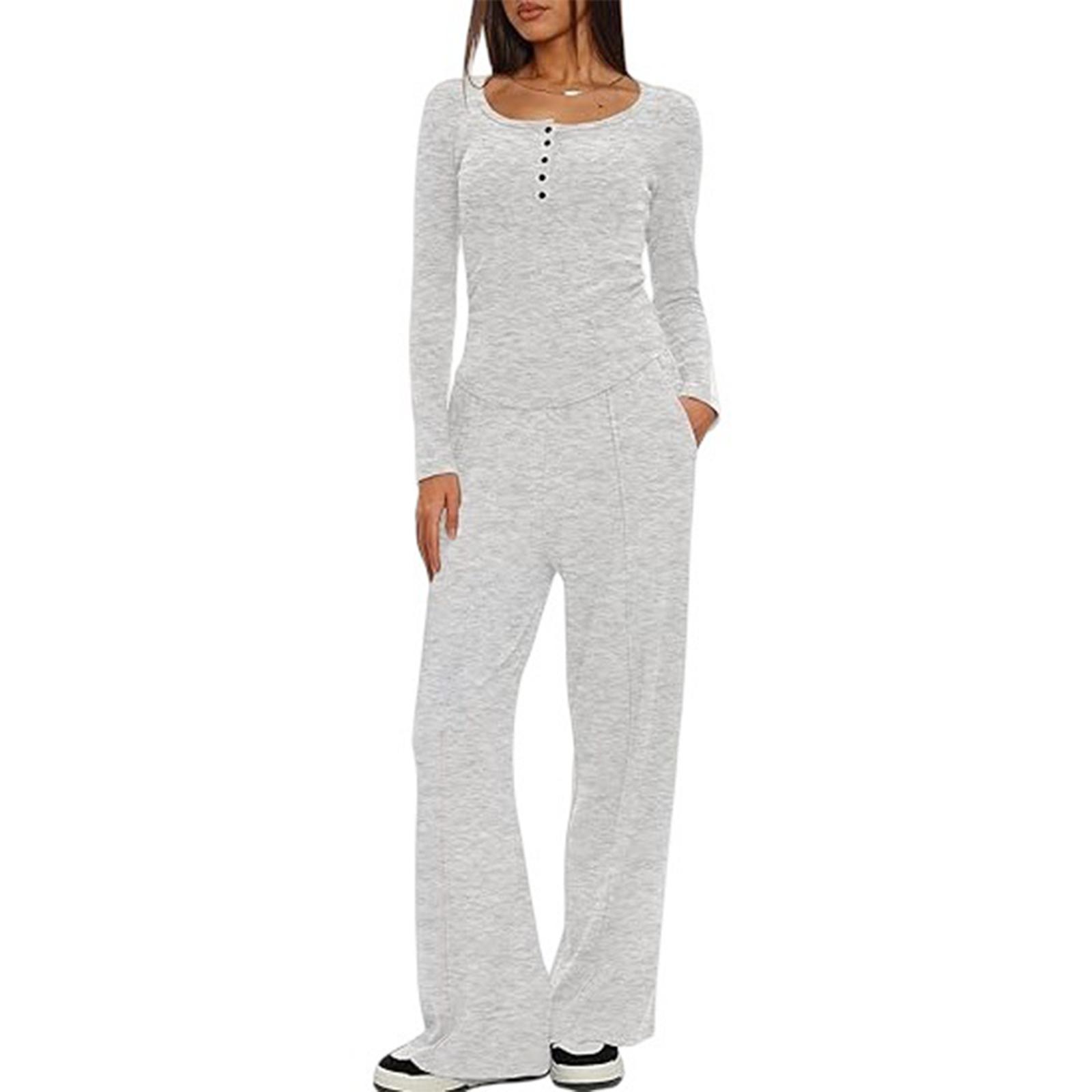 

Women s Fashion Crewneck Knitted Button Long-sleeved Pants Set Two-piece Set XL