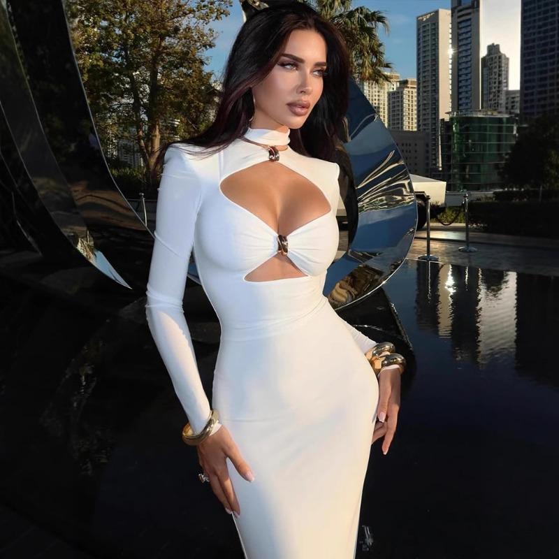 Women Hollow Out Solid Color Slim Fit Long Sleeve High Waist Bodycon Long Dress