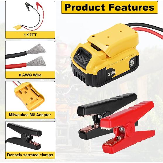 Jumper Cable Clamps For DeWalt 20V Battery Jump Starter, 2.0FT 8AWG Car Battery Jumper Cable With Adapter, Automotive Battery Booster Cable For Tools