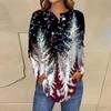 Women's Fashionable Loose-Fit Button-Down Collar Christmas Print Long-Sleeved Top
