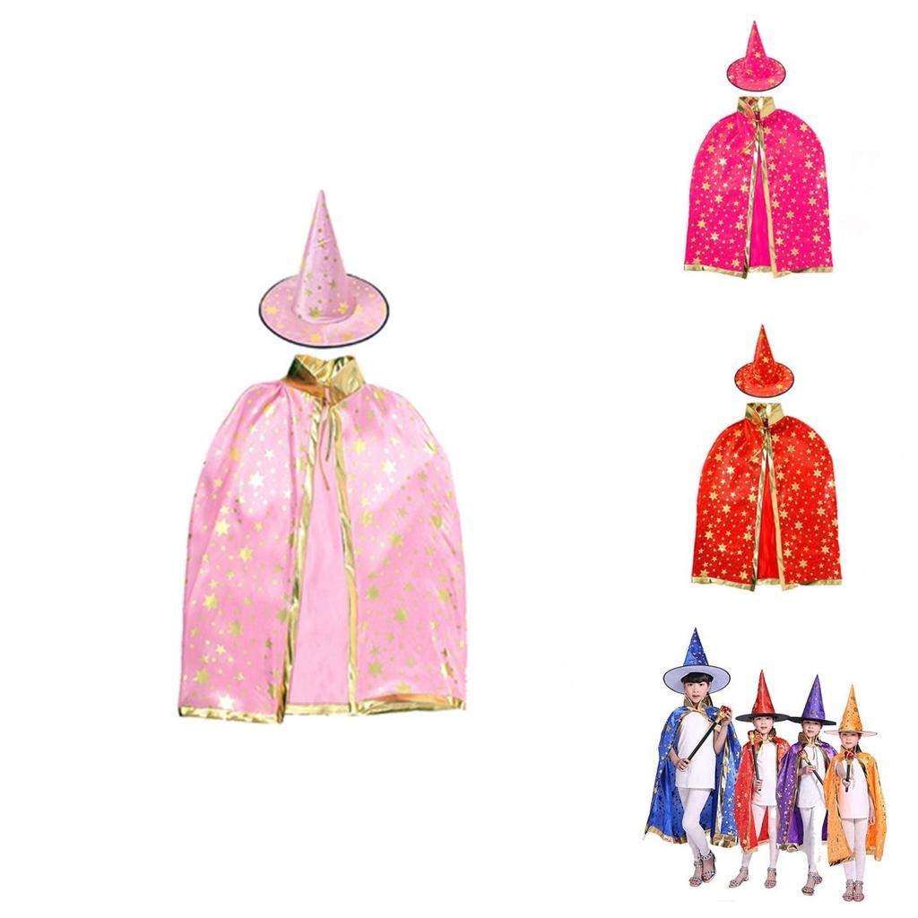 Halloween Cosplay Wizard Cape For Kids With Dazzling Star Pattern And Hat