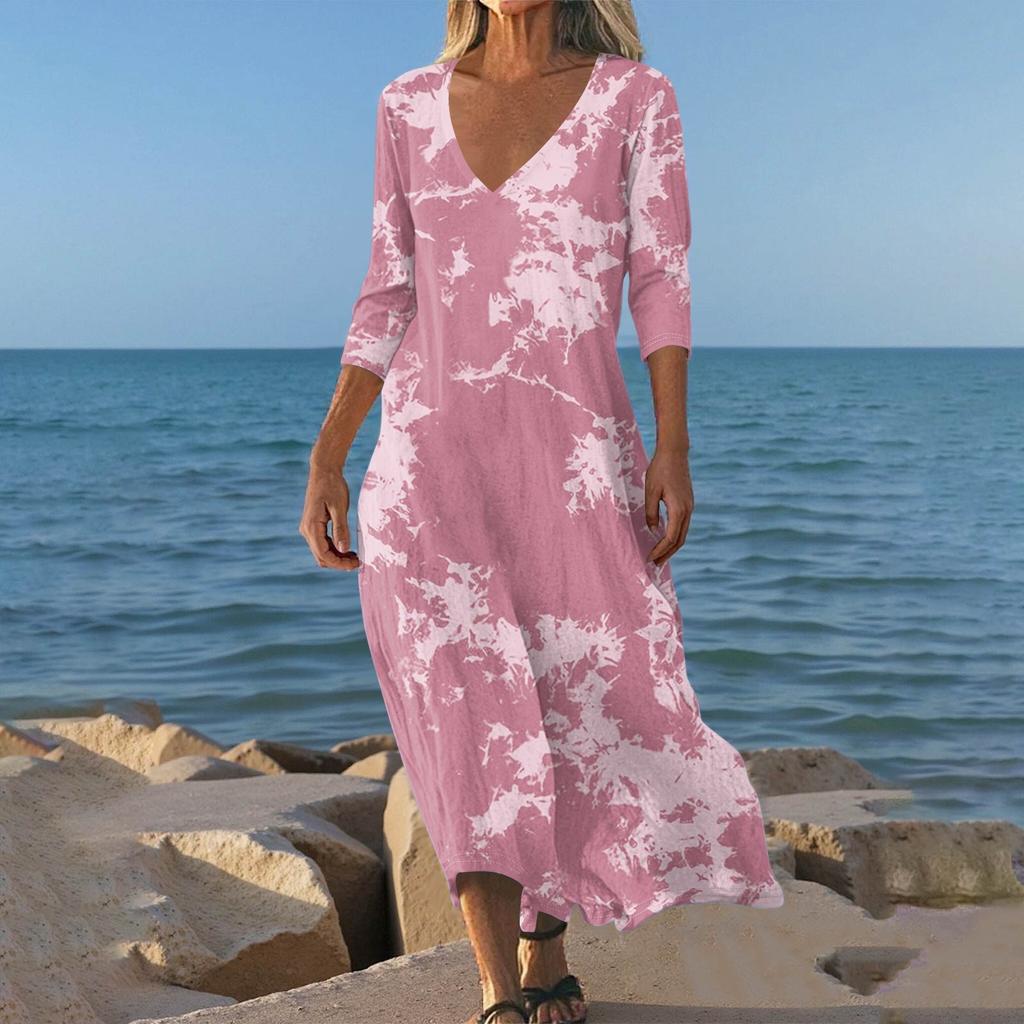 Dresses For Womens Vintage Print Tunic Waisted Midi Dress Summer Casual 3/4 Sleeve Dress