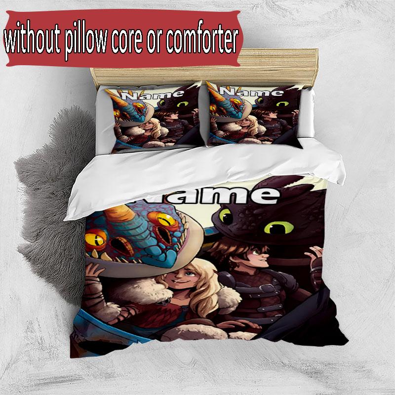 3pcs Duvet Cover Set (1*Duvet Cover + 2*Pillowcase, Without Core), Custom Name How to Train Your Dragon Pattern Bedding Set, Home Bedroom Decor Gift