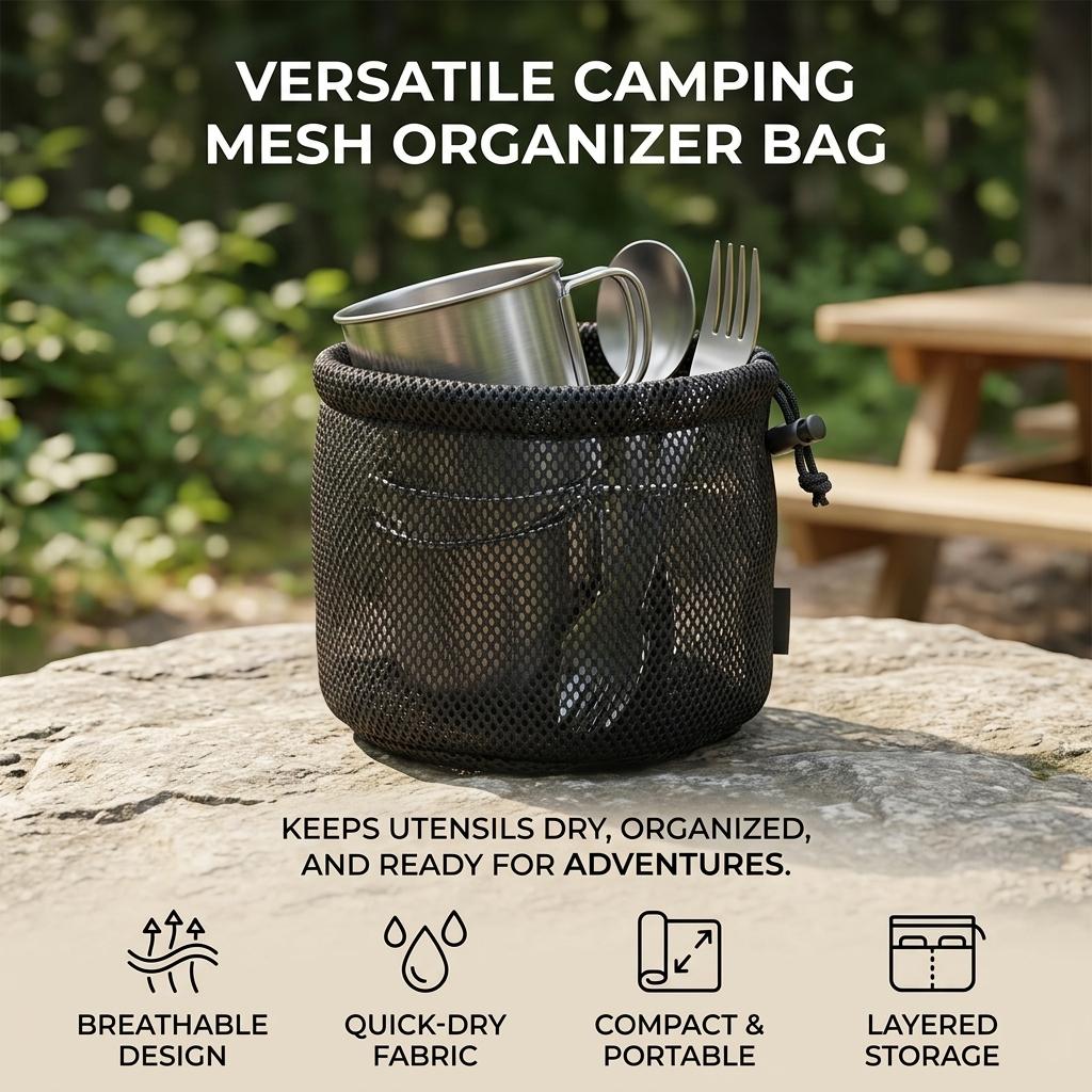 Camping Mesh Storage Bag Round Bottom Waterproof Breathable Nylon for Cups Utensils Outdoor Hiking Picnic Durable Organizer