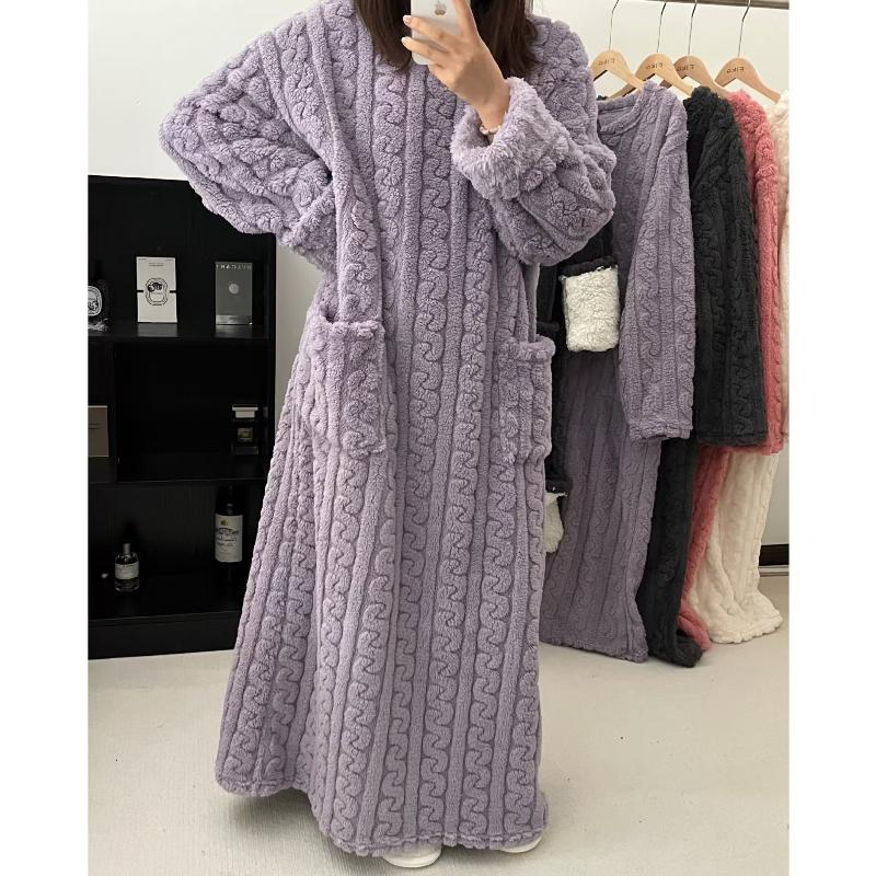 Fashion Winter Women Nightgowns Jacquard Dress Night Dress Loose Solid Color Sleepwear Home Clothes