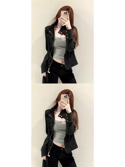 Women's Trendy Black Suede Stand Collar Retro Jacket for Spring, Autumn, and Winter