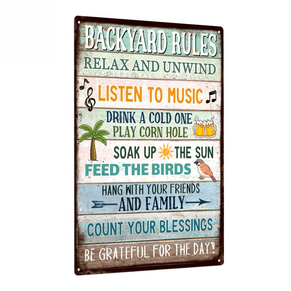 Backyard Rules Vintage Metal Tin Sign, Relax And Unwind, Wall Art Decor For Home Backyard Garden Farm Park, 7.8 X 11.8 Inches