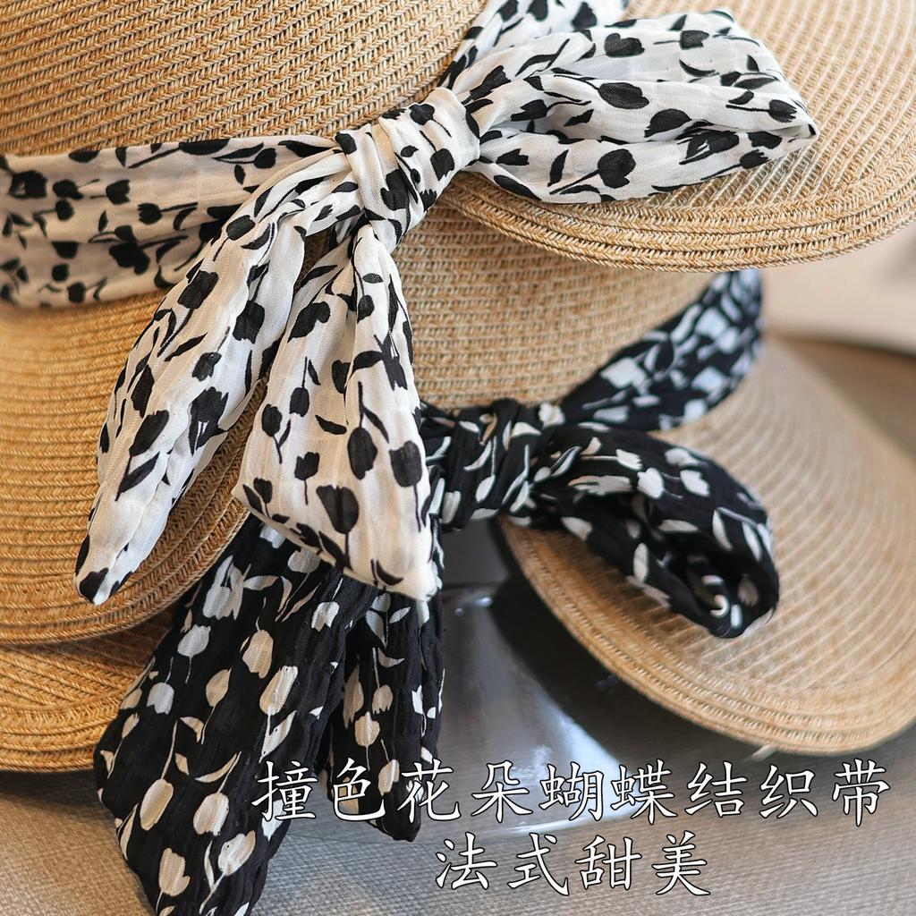 Gentle wind floral streamer after split straw woven bucket hat spring and summer sun protection seaside vacation sun hat women