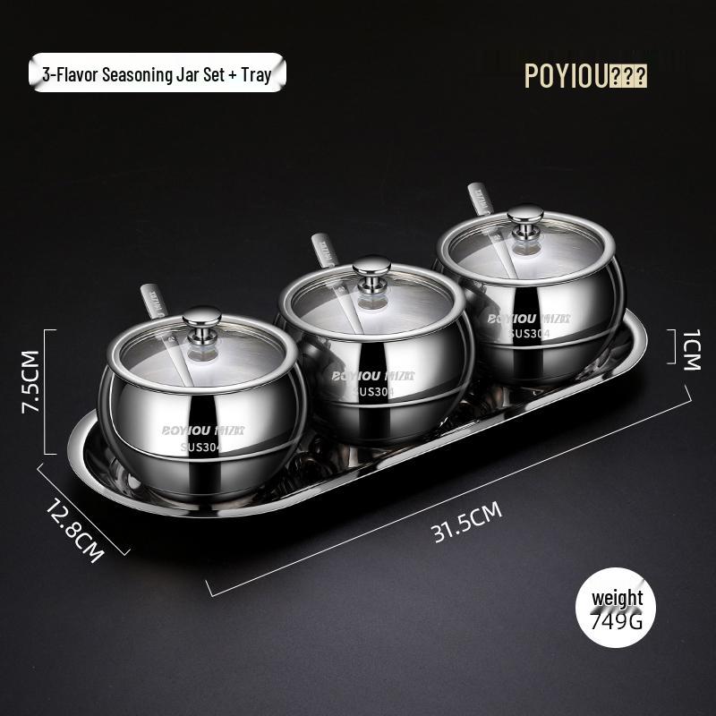 304 Stainless Steel Seasoning Jar Set with Lids & Spoons for Salt and Pepper