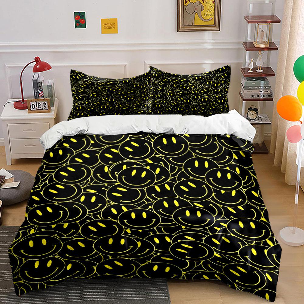 Juego de Ropa de Cama Negro con Cara Sonriente Juego de Funda Nórdica para Cama Funda Nórdica Fundas de Almohada (1 * Funda de edredón 2 * Fundas de almohada, sin relleno de edredón)