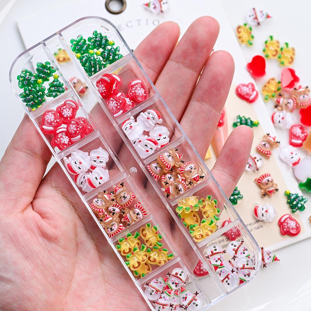 12Gird Kawaii Mini Snowman Xmas Tree Nail Charms 3D Reindeer Bell Santa Claus Nail Rhinestones Resin Christmas Nail Gems 30-60pc
