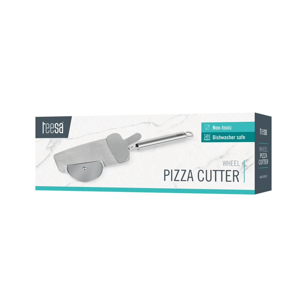 Pizza cutter with a cutting disc with edge-cutting teeth and a spatula with a Teesa clamp