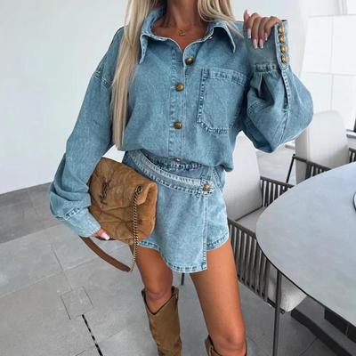 2025 Women's Irregular Denim Two-Piece Set Skirt and Pants - European & American Style