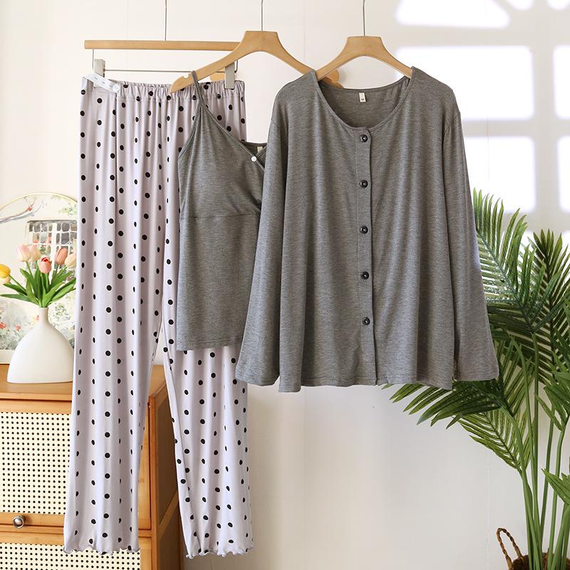 Postpartum Spring/Summer Modal Three-Piece Set: Long Sleeve & Pants for Breastfeeding