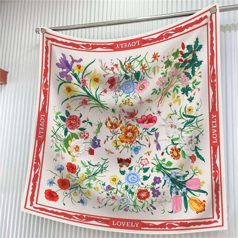 Silk Scarf Women Floral Printed Square Scarves Head Echarpes Silk Foulards Femme Wraps Beach Shawls Bandana Lady Hijabs 90CM