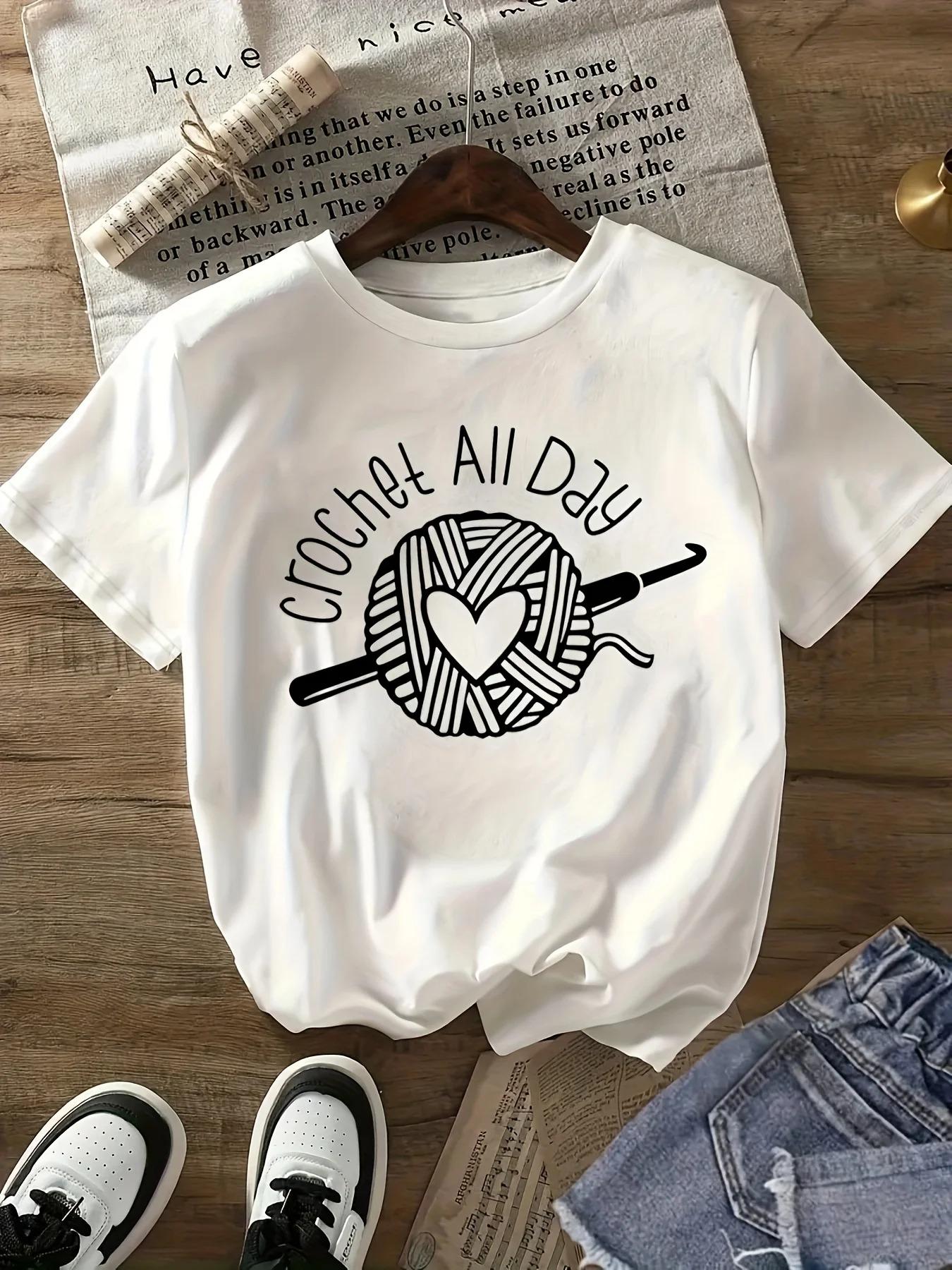 

Womens TShirt Short Sleeve Round Neck Top with All Day Monogram Print Casual Summer Comfortable Fashion Women Clothing S