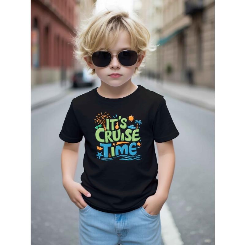 

European size boys round-neck short-sleeved T-shirt with unique English patterns ITS CRUISE TIME 98cm чёрный