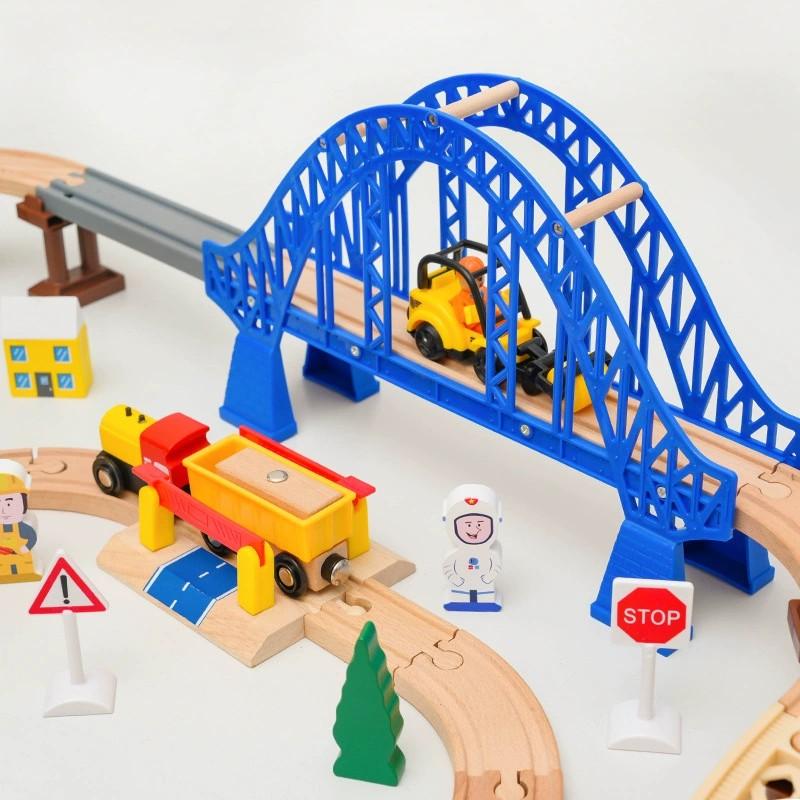 Assembled Wooden Train Track Set City Blue Bridge Scene Tracks Compatible with Brand Wooden Tracks Railway Toys for Kids Gift