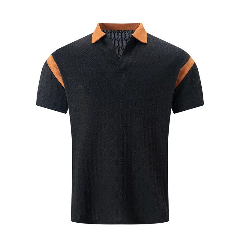 Summer new slim fit polo shirt men's jacquard color blocked collar men's short sleeved shirt