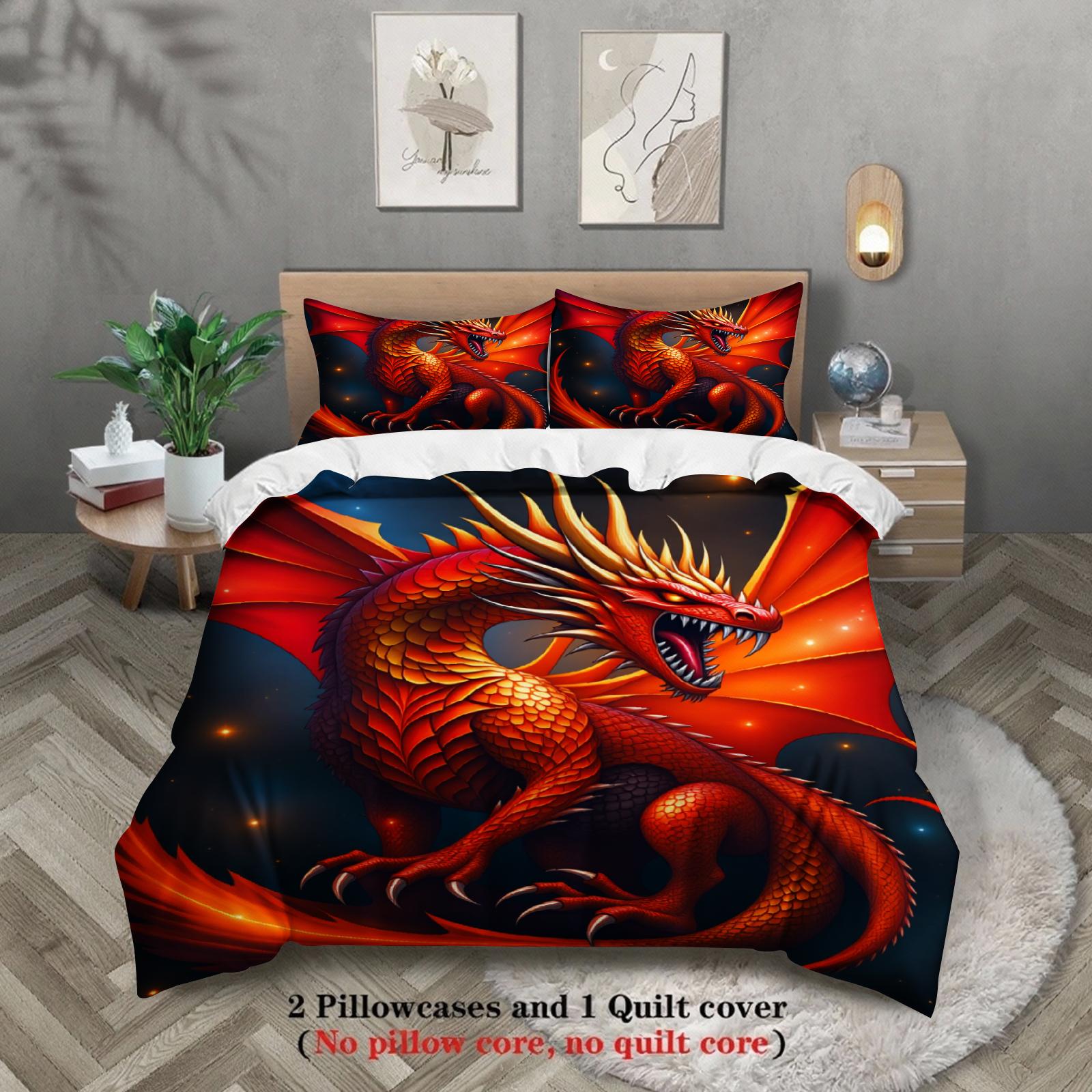 

3pcs Dragon Bedding Sets 3D Printed Red Dragon Breathable Anti-Slip Easy Care Duvet Cover Sets With Pillowcases No Filling US Twin(172x218cm)