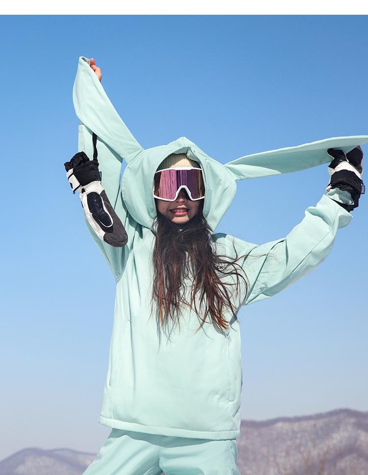 Unisex Winter Waterproof Rabbit Ear Ski Suit: Silver Fox Fleece One-Piece Plus Size Windproof Jacket