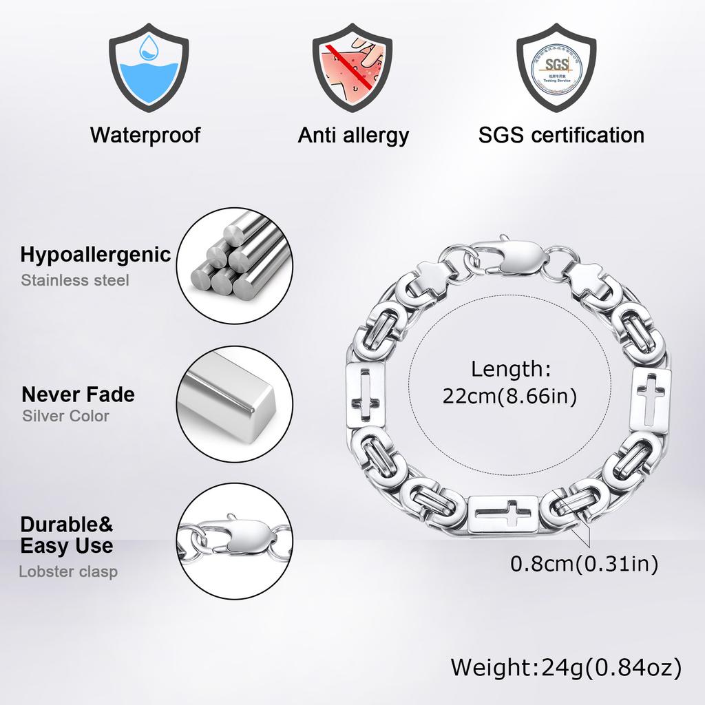 Retro Edelstahl Hohlkreuz Armband für Herren, Silberfarben Byzantinisches Handgefertigtes Kettenglied Armband, Modischer Punk Schmuck