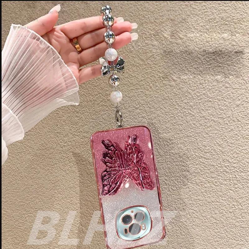 3D Butterfly Phone Holder Bead bracelet Glitter Case for Xiaomi Redmi 15C 15 14C 13C 13X Note 15 14 13 Pro Plus 14S Stand Cover